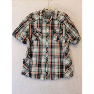 BKE Men’s Plaid Short-Sleeve Button-Down in Mint, Coral & Black